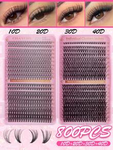 Kit de cílios postiços em tufos com 800 unidades, incluindo cílios individuais e cílios com curvatura D, comprimento de 8 a 18 mm, autoadesivos. O conjunto contém cílios à prova d'água nos formatos 10D, 20D, 30D, 40D, 50D, 60D, 80D e 100D para uma maquiagem com aspecto natural. Cílios grossos, volumosos, macios e leves, reutilizáveis. - Multicolorido - Ver 6