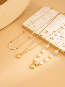 3件套优雅几何链条仿珍珠心形吊坠项链套装，奢华珠宝，适合婚礼、派对、度假、日常休闲、街头风格，女士及情侣礼物 - 項鍊 - 查看 6