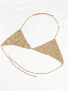 1pc Women's Fashionable Sexy Summer Beach Bikini Accessory, Multi-Row Rhinestone Chest Chain & Body Chain - Gold - View 3