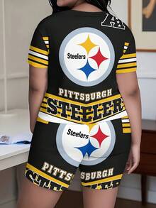 Pittsburgh Steelers Plus-Size Women's Rugby League Short Sleeve Leggings Set , Football Sportswear T-Shirt & Tight Shorts ,Perfect For N-FL Fans - 風格 - 查看 3