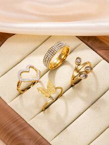 Bộ 4 chiếc nhẫn thép không gỉ cao cấp với ba hàng đá pha lê, thiết kế hình bướm, trái tim và lá, thích hợp cho phụ nữ đeo hàng ngày hoặc làm quà tặng ngày Valentine. - nhẫn - Xem 13