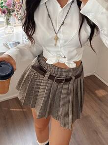EARO Chic Women's Summer Houndstooth Pleated Skirt, High Waist A-Line Academic Style Anti-Flashing Skirt, Commuting, Dating, Casual Outfit - Khaki - View 8