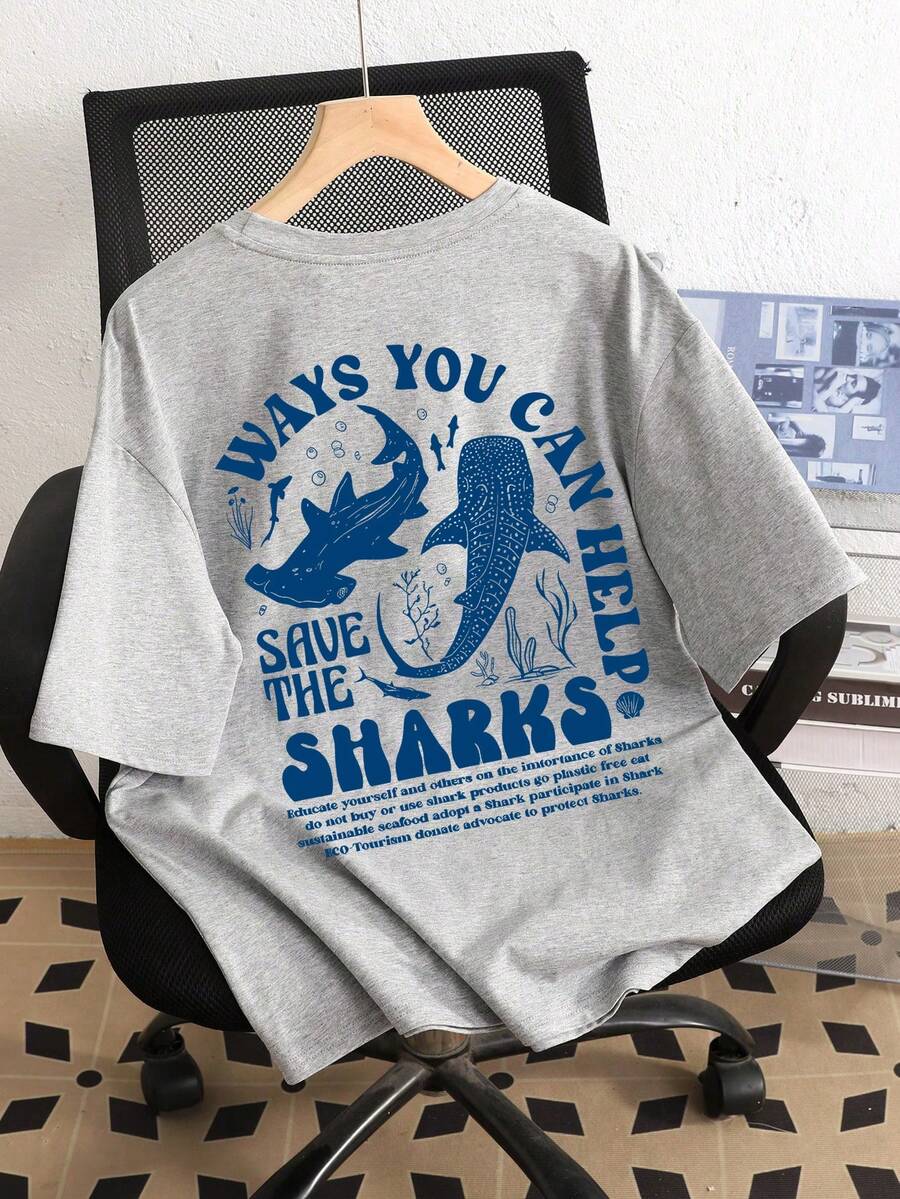 Camiseta gráfica de manga corta con estampado de vida marina para adolescentes, tops de verano con cuello redondo, adecuada para la escuela, las vacaciones y las compras - Gris - Ver 1