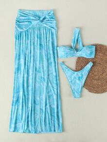 Bộ bikini quây ngực xếp ly xoắn ren họa tiết hoa mùa hè mới dành cho nữ, kèm váy che ngoài xẻ cao, thích hợp cho kỳ nghỉ biển. - Nhiều màu - Xem 2