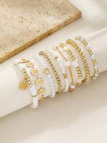 9pcs/Set Countryside Style Cute Sweet Heart & Flower Beaded Bracelet Set, Suitable For Daily Wear - Multicolor - View 6
