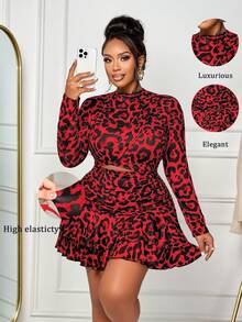 BIUBIU 大码女式优雅杏色针织不对称领长袖褶皱迷你连衣裙，适合春、夏、秋、冬四季穿着，动物纹印花连衣裙，豹纹印花连衣裙，适合休闲、时尚、优雅的户外活动、商务休闲场合、婚礼宾客礼服、约会、派对、正式晚宴等场合。 - 紅色 - 查看 1