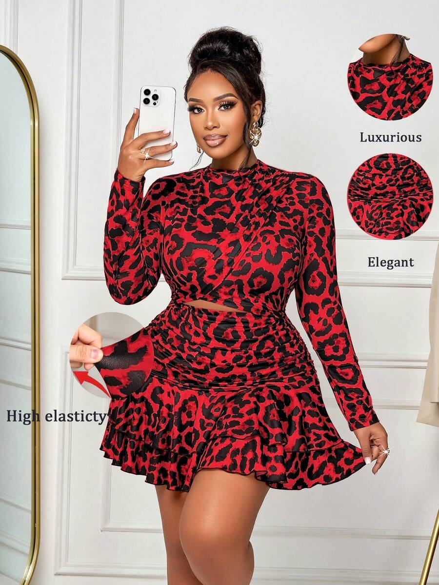 BIUBIU 大码女式优雅杏色针织不对称领长袖褶皱迷你连衣裙，适合春、夏、秋、冬四季穿着，动物纹印花连衣裙，豹纹印花连衣裙，适合休闲、时尚、优雅的户外活动、商务休闲场合、婚礼宾客礼服、约会、派对、正式晚宴等场合。 - 紅色 - 查看 1