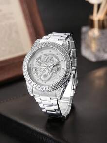 RICECGO Men's Wristwatch With 3D Embossed Dragon Pattern, Exuding Oriental Charm, Perfect Gift For New Year - Silver - View 4