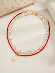 2件套波西米亚海滩风叠层海星和海龟吊坠项链，适合女性日常、通勤、度假和休闲穿着 - 彩色 - 查看 3