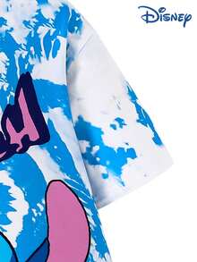 Disney Summer Young Girls Stitch Cute Short Sleeve T-Shirt And Shorts Set, Stitch Cartoon Print, Stretchy Solid Color Pants, Suitable For Children's Daily Wear, Great Gift - Blue - View 4