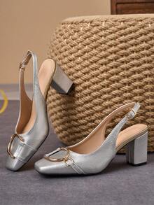 Elegant Silver Snake Skin Thick Heel Sandals, Metal Buckle Open Back Design, Slimming Effect, Versatile For Banquet And Date, High Heels - Silver - View 6