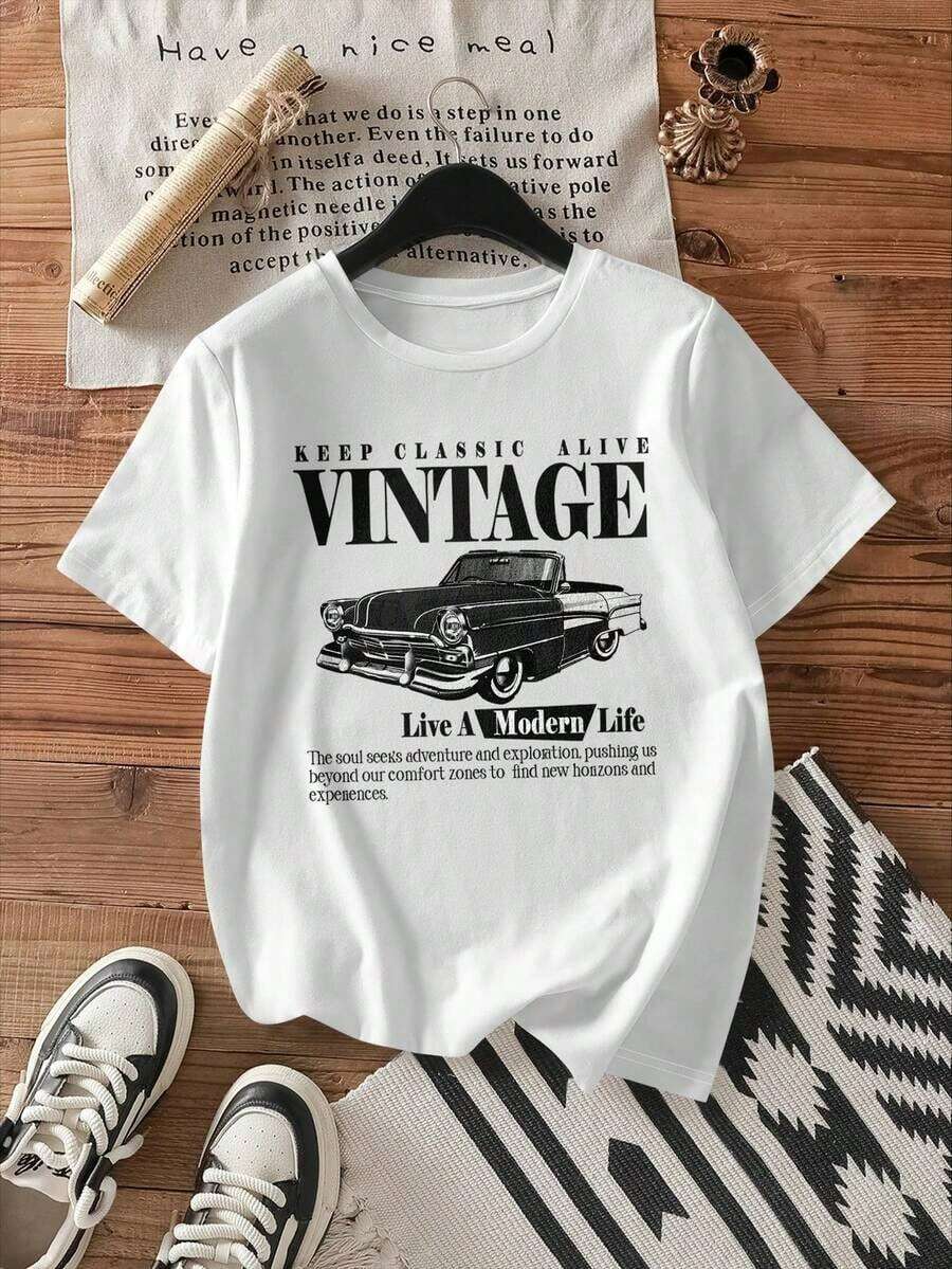 Casual Retro Car Graphic White Crew Neck Short Sleeve Fitted Women T-Shirt, Cotton Blend, Suitable For Summer Anti-Wrinkle Cotton T-Shirt - 白色 - 查看 1