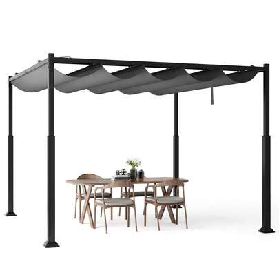  COSTWAY 10' X 10' Outdoor Pergola W/ Retractable Canopy, Heavy-Duty Metal Columns, Modern Sunshade Pavilion Grill Gazebo Yard Grape Trellis Pergola, Patio Garden Backyard Deck Porch Metal Shelter, Grey