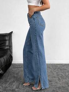 High Stretch Straight Leg Jeans, Women's Split Hem Jeans, Elastic Waist Casual Street Style Pants Spring - Blue - View 5