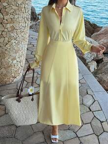 Conjunto de 2 piezas de camisa casual elegante y vestido de cintura de unicolor para mujer, adecuado para citas, San Valentín, cumpleaños, cenas, ir al trabajo y otras ocasiones - Amarillo - Ver 7