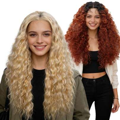 613号长款金色渐变焦橙色卷发合成蕾丝前假发，预先拔毛打造自然发际线，13*4*1深波浪高清透明蕾丝前假发，中分设计，耐热合成假发，适合日常派对和角色扮演，无需胶水即可轻松佩戴，时尚的金色和黑色发根渐变至姜红色，蓬松丰盈的长卷发，轻松打造迷人造型。