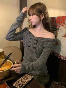 [Y6Y] Women's Spring Elegant Off-Shoulder Knit Sweater, Long Sleeve Fitted Style Versatile Pullover Top - Coffee Gray - View 5