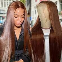 即戴即走 8-34 英寸无胶 4x4 5x5 13x4 13x6 高清透明蕾丝前假发，适合初学者的无胶直发波波头假发，巴西原生高清蕾丝闭合假发，巧克力色混纺发丝，200% 密度，预先拔毛并带有婴儿发。 - S4 - 查看 5