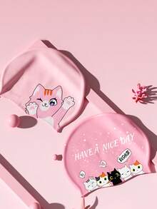 1 Small Silicone Swimming Cap With Cat Pattern Cartoon Cute Pink Waterproof And Soft Professional Ear Protection Swimming Cap Suitable For Wearing During Water Activities - Pink - View 3