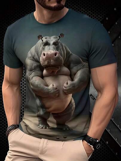 Men's Casual T-Shirt, Prominent Hippopotamus Print, Round Neck, Short Sleeve, Machine Washable, Comfortable Fit For All Seasons, Casual Style