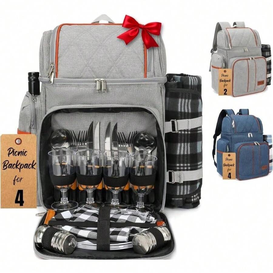 [Envíos locales] Mochila de picnic para 4 personas con forro aislante, accesorios completos incluidos, color azul y negro, portátil para actividades al aire libre - Gris - Ver 1