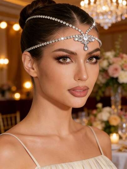 1pc Rhinestone Hair Chain With Water Drop Pendant Forehead Accessories, Exotic Style Headwear Forehead Chain And Forehead Ornaments