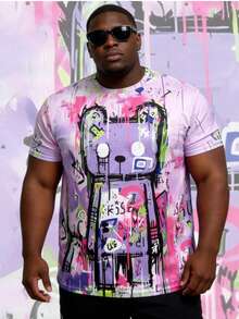 Camiseta de manga corta con estampado de graffiti colorido para hombres de talla grande, moda casual de cuello redondo, estilo hip hop y urbano - Multicolor - Ver 2