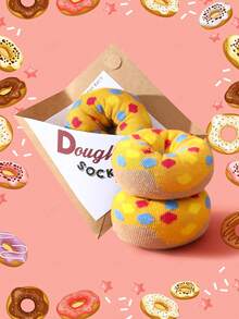 1双多色中筒袜礼品套装，男女通用情侣款，柔软甜甜圈设计新奇袜子，创意美食灵感独特设计，舒适百搭 - 彩色 - 查看 5