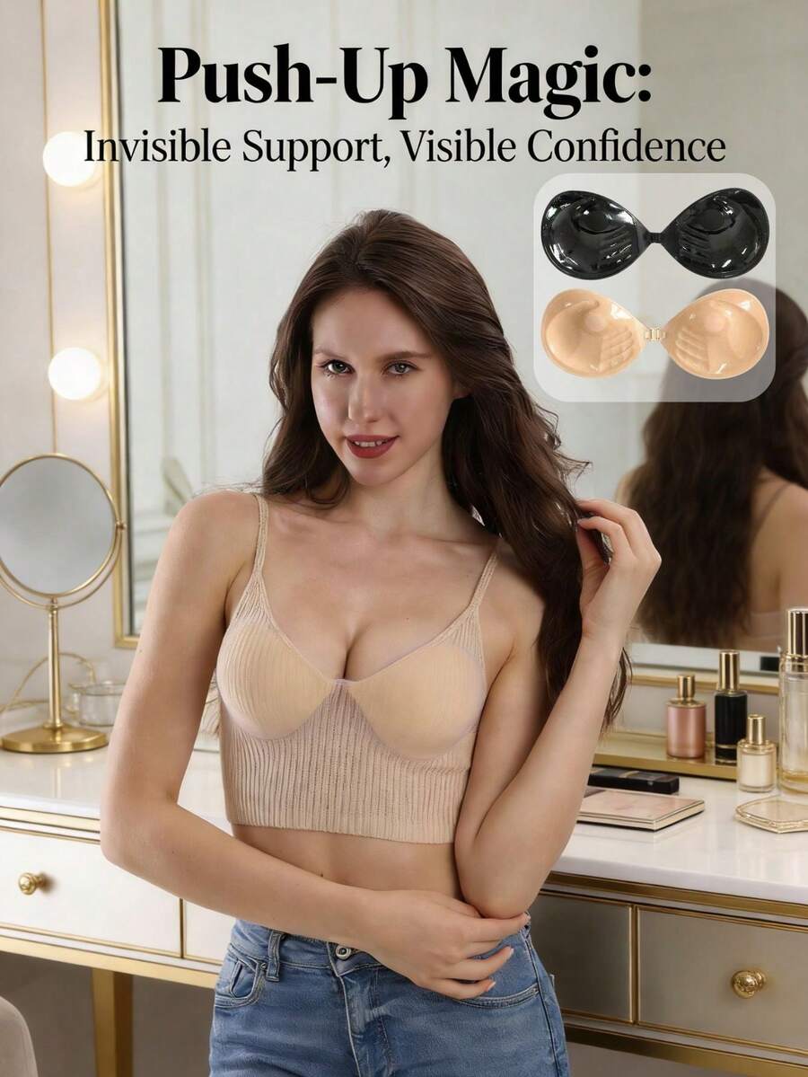 2/1pc Of Invisible Thickened Push-Up Palm Cup Nipple Adhesive Bra (With Extended Shoulder Straps 3CM Thickened) - Multicolor - View 1