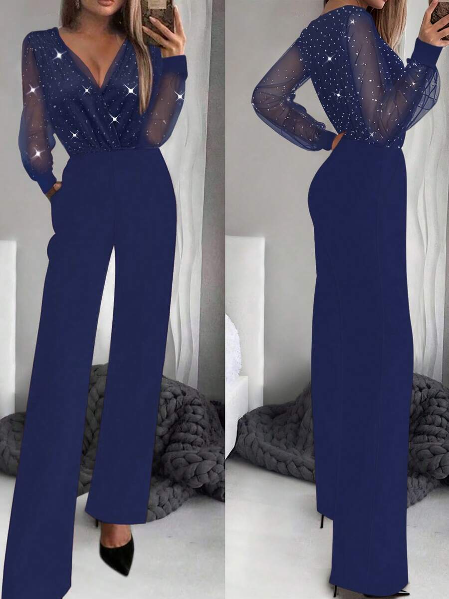 Bộ jumpsuit lưới đính sequin đen gợi cảm dành cho nữ, cổ chữ V sâu, thanh lịch. - Màu xanh hải quân - Xem 1
