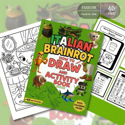 意大利脑洞大开涂色书，趣味手绘活动涂色书，厚实高白纸，病毒式网络迷因风格，以拟人化动物、奇特场景和对比鲜明的红绿图案为特色，带来放松和创意涂色体验，适合作为送给女孩、婚礼季、母亲节的礼物。