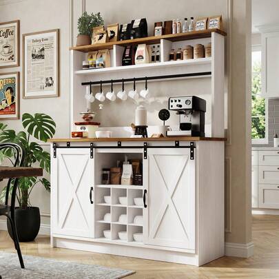 47" Tall Farmhouse Coffee Bar Cabinet With 3 Storage Hutch, Coffee Bar With Sliding Barn Doors, Hutch Cabinet With 6 Hooks & 9 Wine Racks For Dining Room, Kitchen, White/ Grey/ Dark Oak