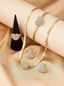 5pcs/Set Elegant Metallic Heart Shaped Rhinestone Pendant Necklace, Bracelet, Earrings, Ring Jewelry Set, Suitable For Teenage Girls Daily & Festival Wear - Yellow Gold - View 2