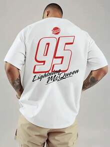 1 Piece, Disney Men's Cotton T-Shirt, Disney Lightning McQueen Racing No.95 Pattern Men's Short-Sleeved T-Shirt, Round Neck Casual And Comfortable T-Shirt, Breathable And Light, Suitable For Sports And Leisure Wear, Loose T-Shirt, Suitable For Gifts, Suitable For Travel And Parties. - White - View 2