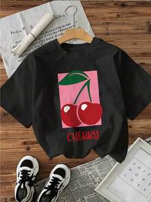 Flat  Cherry CHeRRY Print Short Sleeve Round Neck T-Shirt - Black - View 1