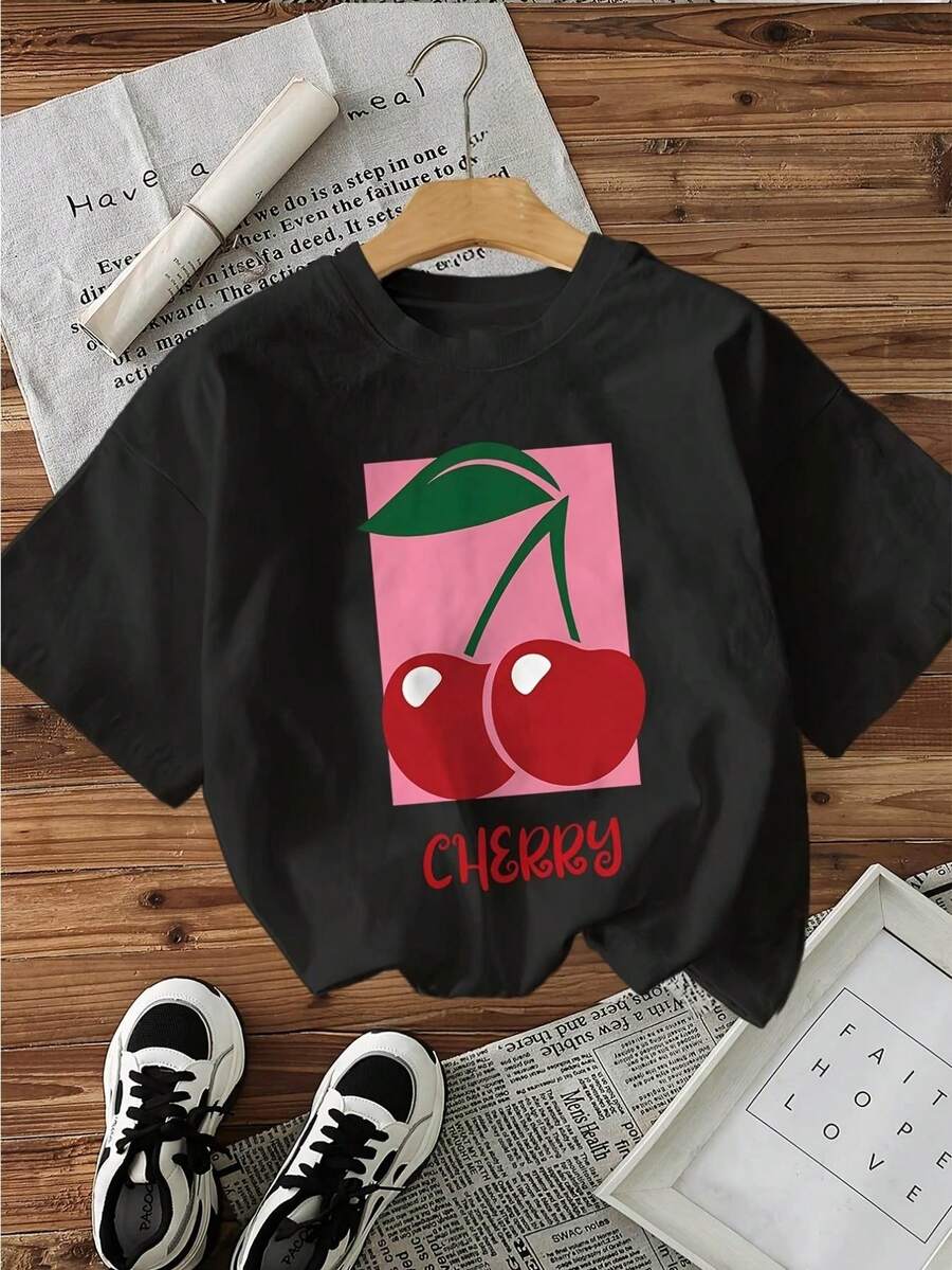 Flat Cherry CHeRRY Print Short Sleeve Round Neck T-Shirt - Black - View 1
