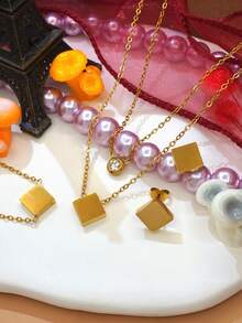 Women's Fashion Jewelry Set, Exquisite Solid Color Square Pendant Multi-Layer Necklace, Bracelet, Earrings, Suitable For Anniversary, Birthday, Valentine's Day, Mother's Day, Back To School, Graduation And Party Gifts - Multicolor - View 7