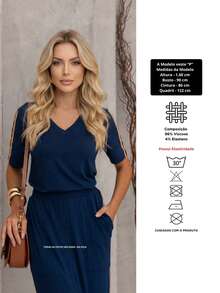 Women's Set Midi Skirt In Viscolycra Short Sleeve V-Neck Blouse For Everyday - Màu xanh hải quân - Xem 6