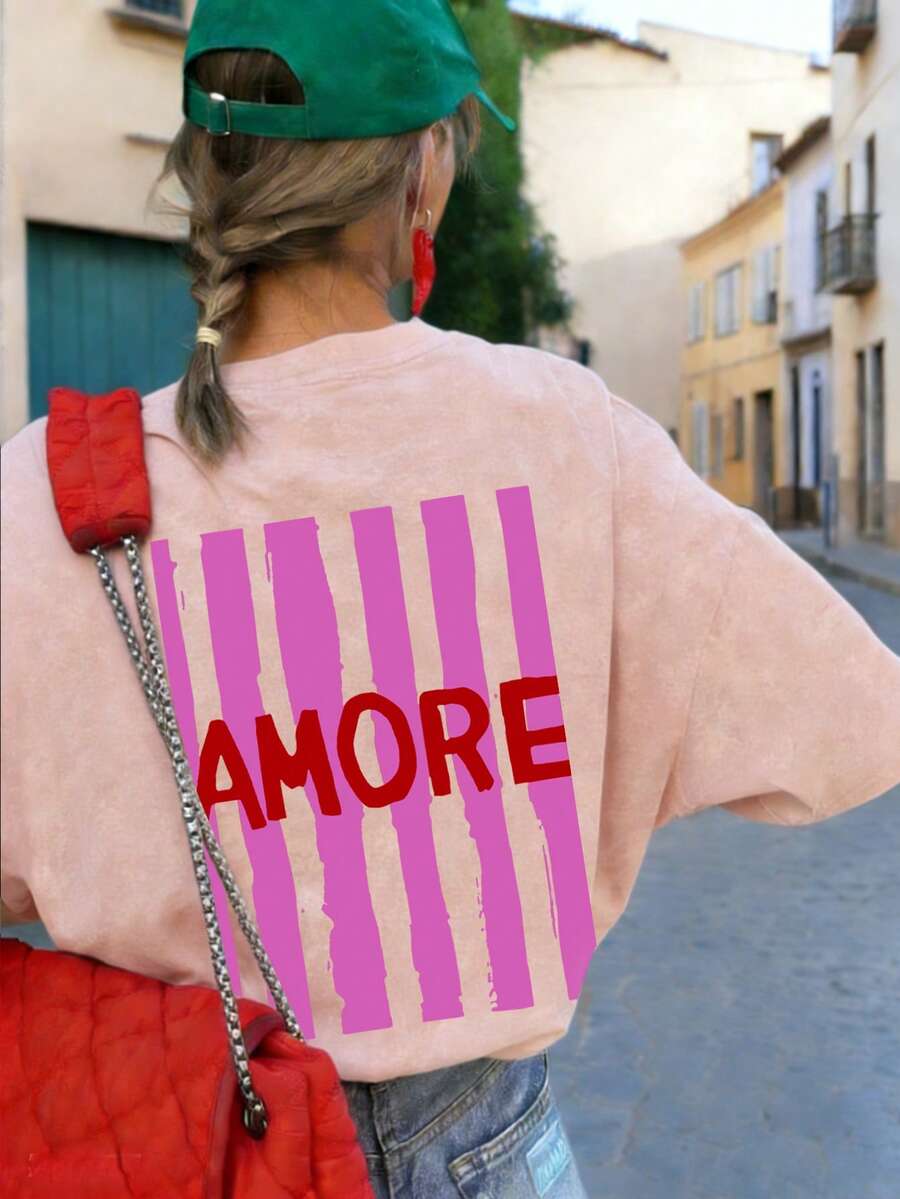 Summer New Simple Fashion INS Pink Striped Letter Print Casual Round Neck Tie-Dye Short Sleeve T-Shirt, Versatile & Fashionable Women Top - Pink - View 1