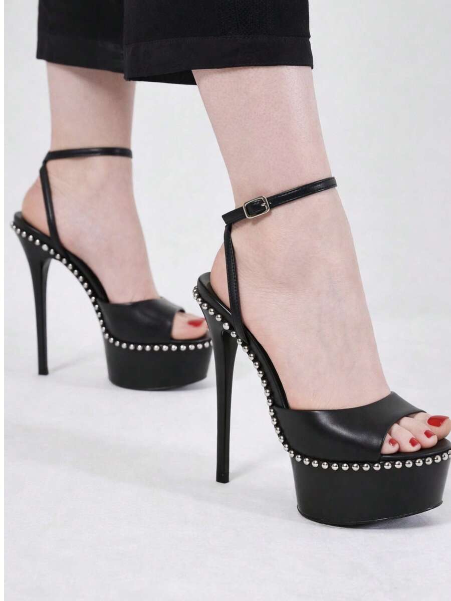 So Me Soren Peep Toe Stilleto Women's Hight Heel Platform With Stud Details And Ankle Strap. - màu đen - Xem 1