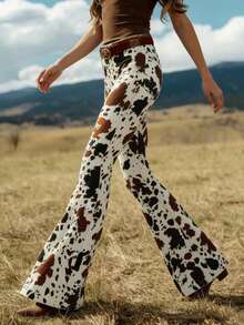 Western Fashion Denim Print Pocket Flare Pants, Casual Vacation Date Outfit Cool Girl Long Trousers Spring - Multicolor - View 7