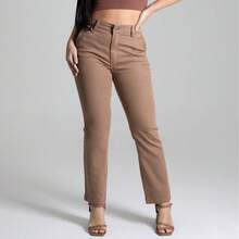 Calça Reta Feminina Sawary Jeans Original Cintura Alta Lycra Elastano Marrom Confortável Elástica Bonita - Marrom - Visão 15