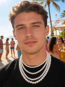 1條白色時尚簡約多用途珍珠項鍊，男性日常穿著度假禮物 - 白色 - 查看 4