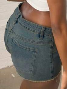 Pantalones cortos de verano elásticos de estilo retro con cordones y efecto desgastado, en estilo streetwear Y2K para mujer - Azul lavado medio - Ver 7