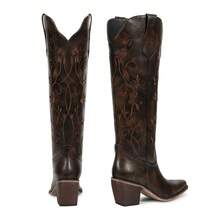 Womens Cowboy Boots Knee High Cowgirl Boots With Pointed Toe Chunky Heel Retro Vintage Floral Embroidered Pull On Tall Western Boot - 深棕色 - 查看 5