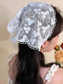 1pc Women Lace Headband, Floral Chiffon Headscarf, Anti-Slip Mesh Flower Headwrap - White - View 2
