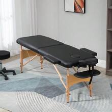 Portable Folding Massage Table With Headrest, Adjustable Height, Faux Leather And Wood, Black - Black - View 2