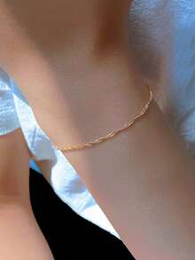 1 pieza Pulsera minimalista de acero inoxidable con patrón de ola de agua, adecuada para adolescentes - Dorado - Ver 1