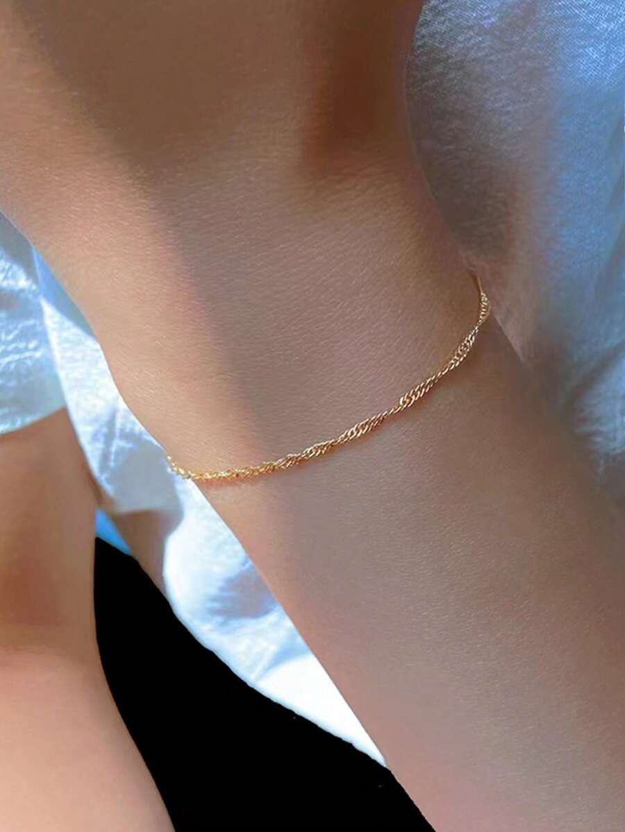 1 pieza Pulsera minimalista de acero inoxidable con patrón de ola de agua, adecuada para adolescentes - Dorado - Ver 1