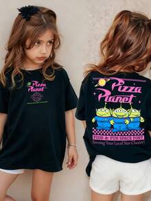 Disney-Sweet And Edgy Style At Its Peak! Toy Story Triplets Pizza Planet Kids T-Shirt Black And Pink Colorblock Cartoon Print 100% Cotton Loose Short Sleeve Top - 黑色 - 查看 1